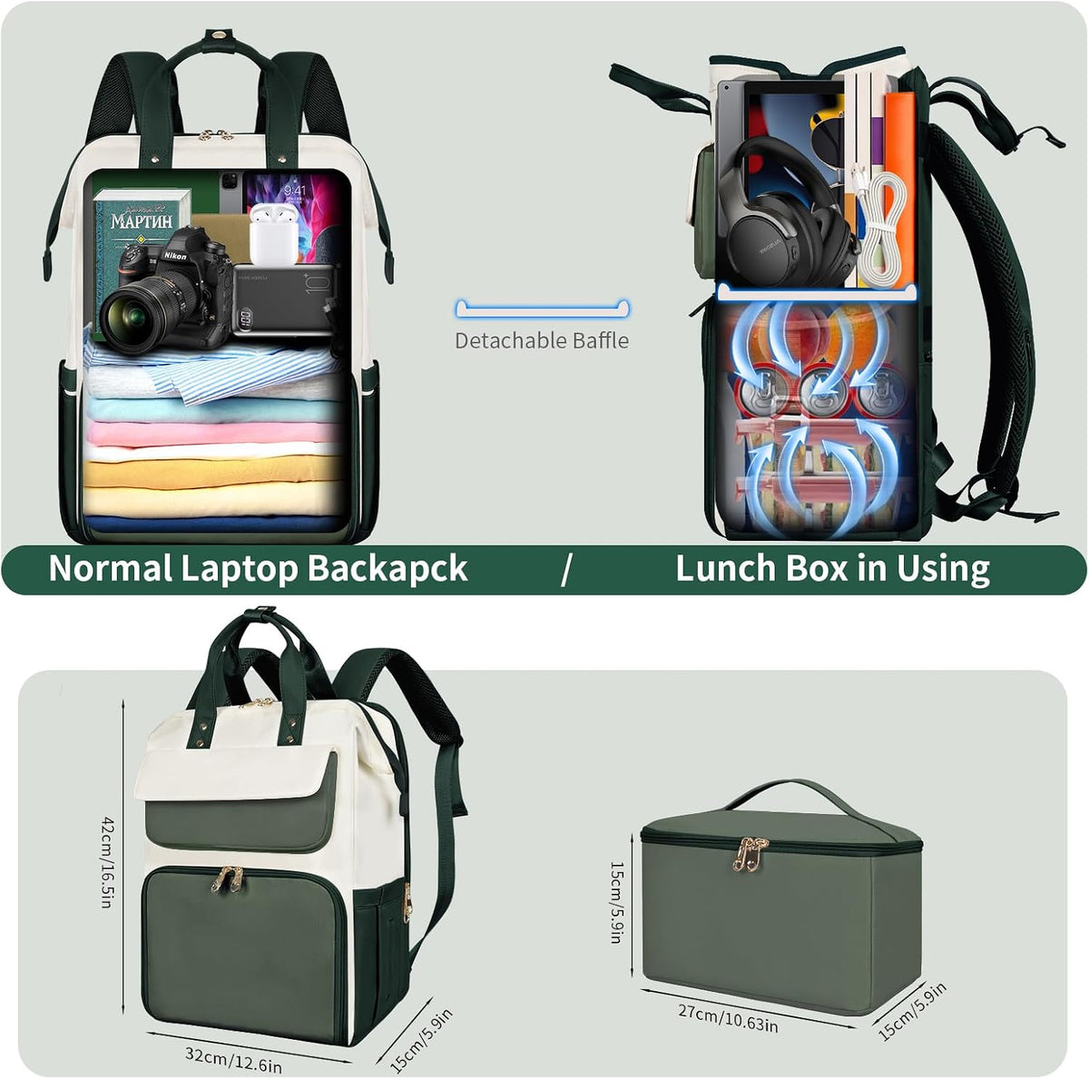 Lunch Backpack for Women, 15.6 Inch Laptop Backpack with Insulated Cooler Lunch box, Nurse Backpack for Teacher Work Travel College Picnic,Black-Grey