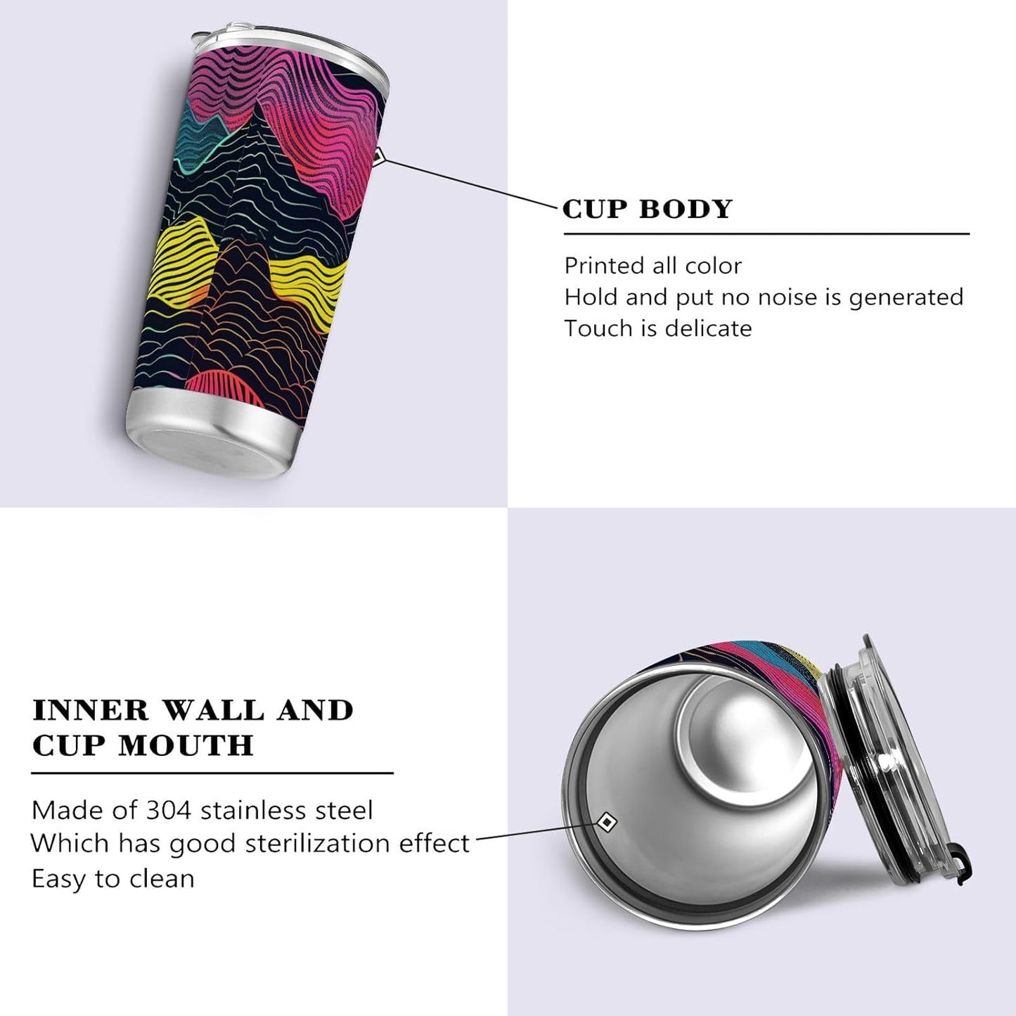 Colorful Waves Stainless Steel travel coffee cups with lids Leak Resistant Flip mugs for women for hot and cold drinks simple flip tumbler 20oz