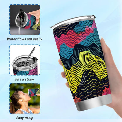 Colorful Waves Stainless Steel travel coffee cups with lids Leak Resistant Flip mugs for women for hot and cold drinks simple flip tumbler 20oz