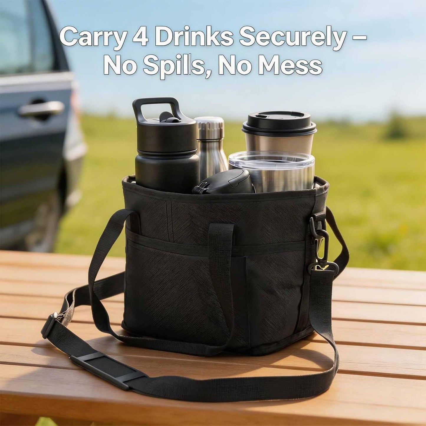 Family Size 4 Compartment Drink Bag Carrier, Insulated Multiple Tumbler Holder Caddy with Adjustable Strap, No-Spill Reusable Beverage Carrier for Travel, Picnics & Family Outings (Purple)