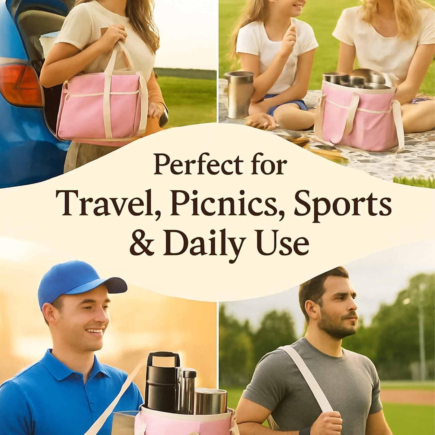 Family Size 4 Compartment Drink Bag Carrier, Insulated Multiple Tumbler Holder Caddy with Adjustable Strap, No-Spill Reusable Beverage Carrier for Travel, Picnics & Family Outings (Purple)