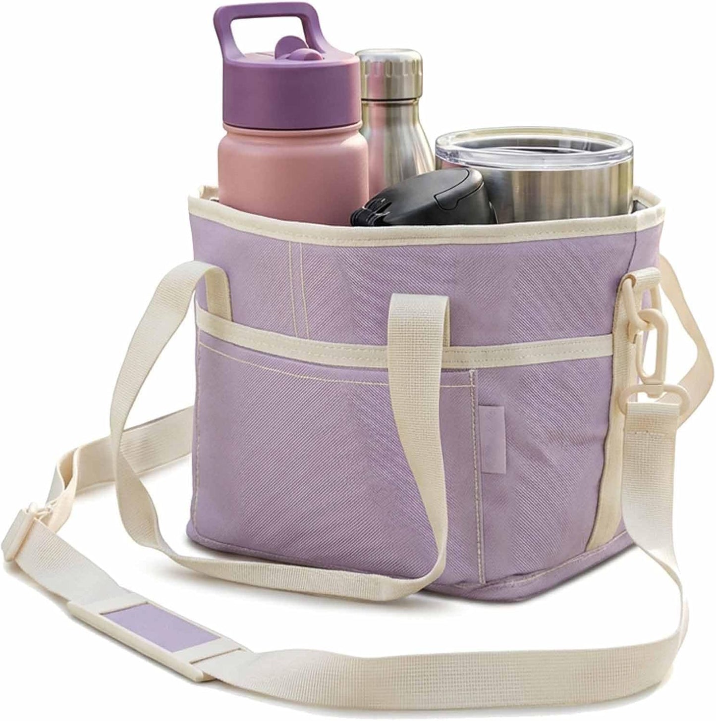 Family Size 4 Compartment Drink Bag Carrier, Insulated Multiple Tumbler Holder Caddy with Adjustable Strap, No-Spill Reusable Beverage Carrier for Travel, Picnics & Family Outings (Purple)