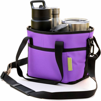 Family Size 4 Compartment Drink Bag Carrier, Insulated Multiple Tumbler Holder Caddy with Adjustable Strap, No-Spill Reusable Beverage Carrier for Travel, Picnics & Family Outings (Purple)