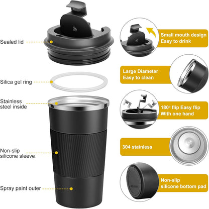 17oz Travel Coffee Mug Insulated Coffee Cups to Go with Leakproof Lid Vacuum Stainless Steel Double Walled Thermal Car Coffee Tumbler for Hot Cold Ice Tea Drinks Reusable (Black, 17oz)