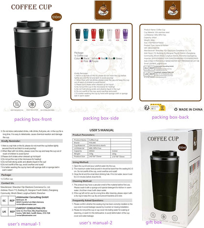 17oz Travel Coffee Mug Insulated Coffee Cups to Go with Leakproof Lid Vacuum Stainless Steel Double Walled Thermal Car Coffee Tumbler for Hot Cold Ice Tea Drinks Reusable (Black, 17oz)
