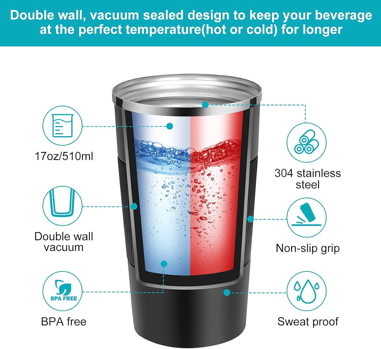 17oz Travel Coffee Mug Insulated Coffee Cups to Go with Leakproof Lid Vacuum Stainless Steel Double Walled Thermal Car Coffee Tumbler for Hot Cold Ice Tea Drinks Reusable (Black, 17oz)