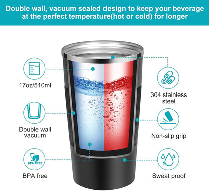 17oz Travel Coffee Mug Insulated Coffee Cups to Go with Leakproof Lid Vacuum Stainless Steel Double Walled Thermal Car Coffee Tumbler for Hot Cold Ice Tea Drinks Reusable (Black, 17oz)