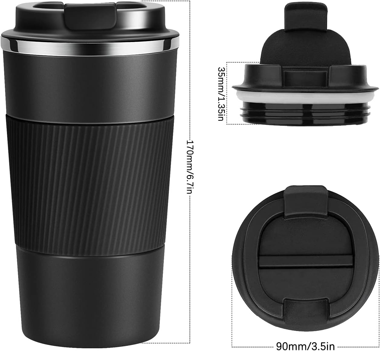 17oz Travel Coffee Mug Insulated Coffee Cups to Go with Leakproof Lid Vacuum Stainless Steel Double Walled Thermal Car Coffee Tumbler for Hot Cold Ice Tea Drinks Reusable (Black, 17oz)