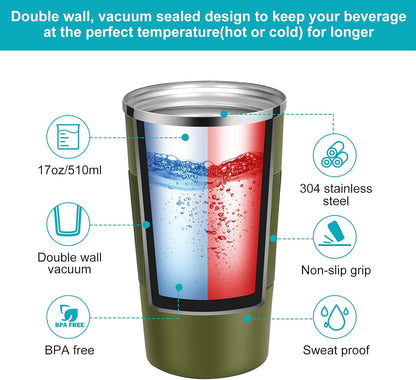 17oz Travel Coffee Mug Insulated Coffee Cups to Go with Leakproof Lid Vacuum Stainless Steel Double Walled Thermal Car Coffee Tumbler for Hot Cold Ice Tea Drinks Reusable (Black, 17oz)
