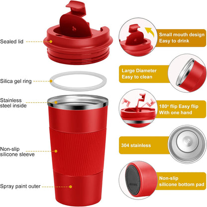 17oz Travel Coffee Mug Insulated Coffee Cups to Go with Leakproof Lid Vacuum Stainless Steel Double Walled Thermal Car Coffee Tumbler for Hot Cold Ice Tea Drinks Reusable (Black, 17oz)
