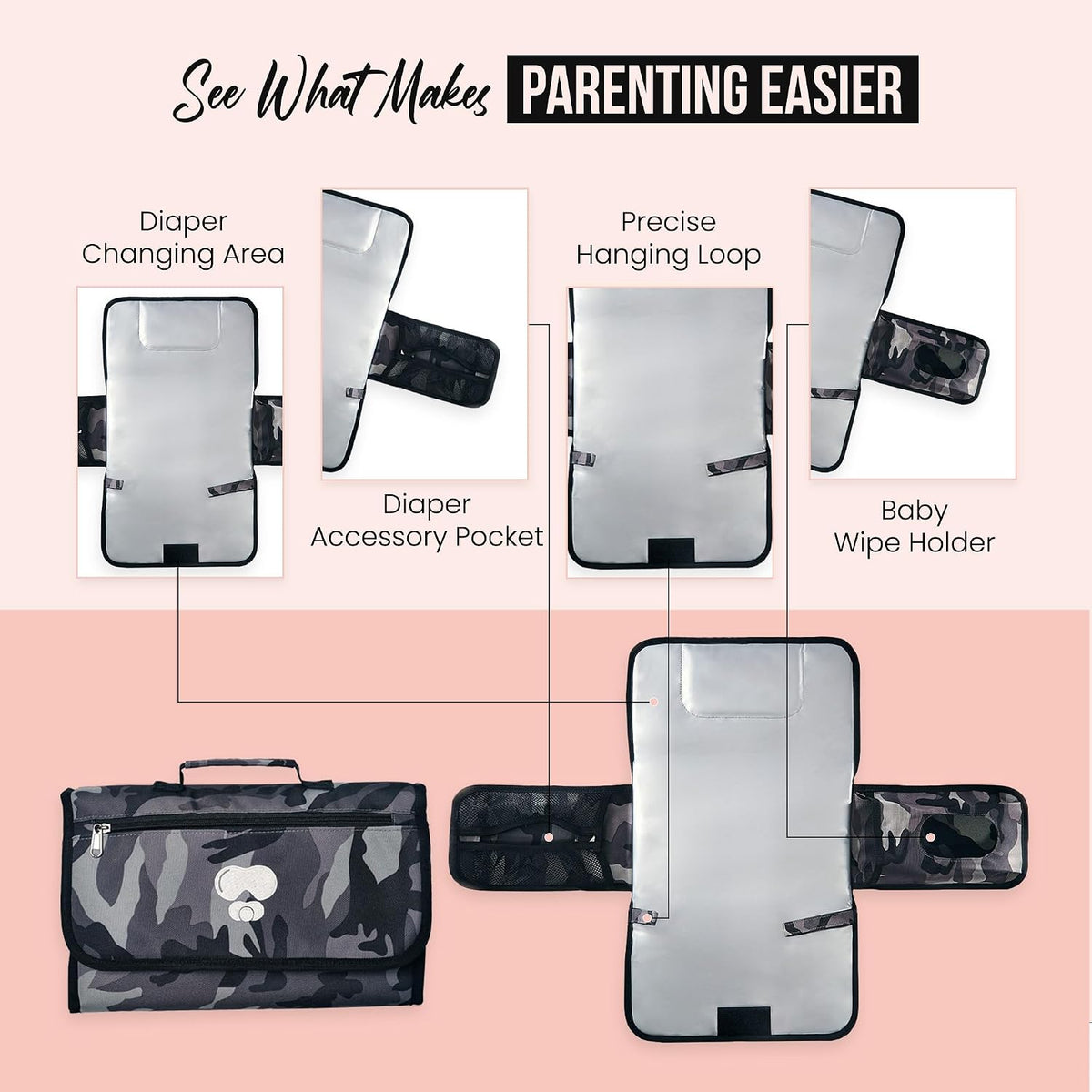 Black Grey Baby Camo Portable Diaper Changing Pad Waterproof Travel Mat