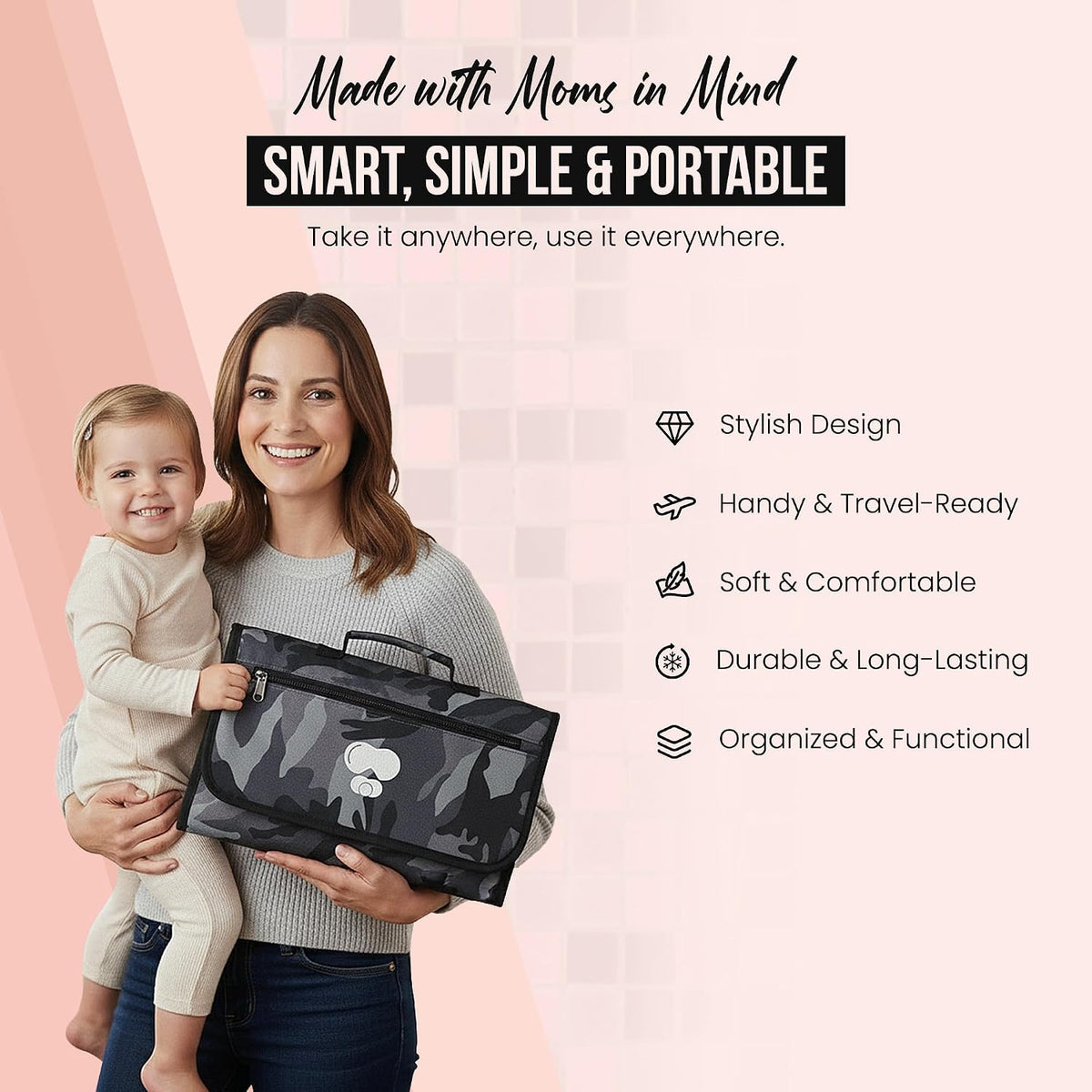 Black Grey Baby Camo Portable Diaper Changing Pad Waterproof Travel Mat