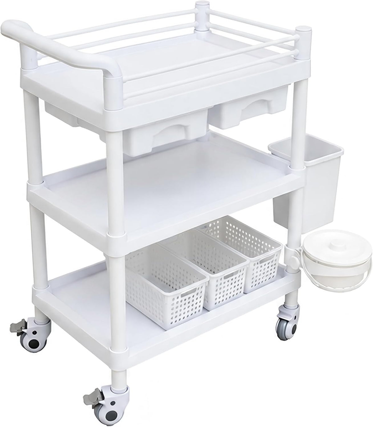 Postpartum Cart, 3 Tier Rolling Medical Utility Cart with Drawers, 360° Locking Wheels, Storage Baskets, Waste Bin and Side Organizer for Nursery, Clinic and Home Care