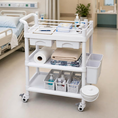 Postpartum Cart, 3 Tier Rolling Medical Utility Cart with Drawers, 360° Locking Wheels, Storage Baskets, Waste Bin and Side Organizer for Nursery, Clinic and Home Care