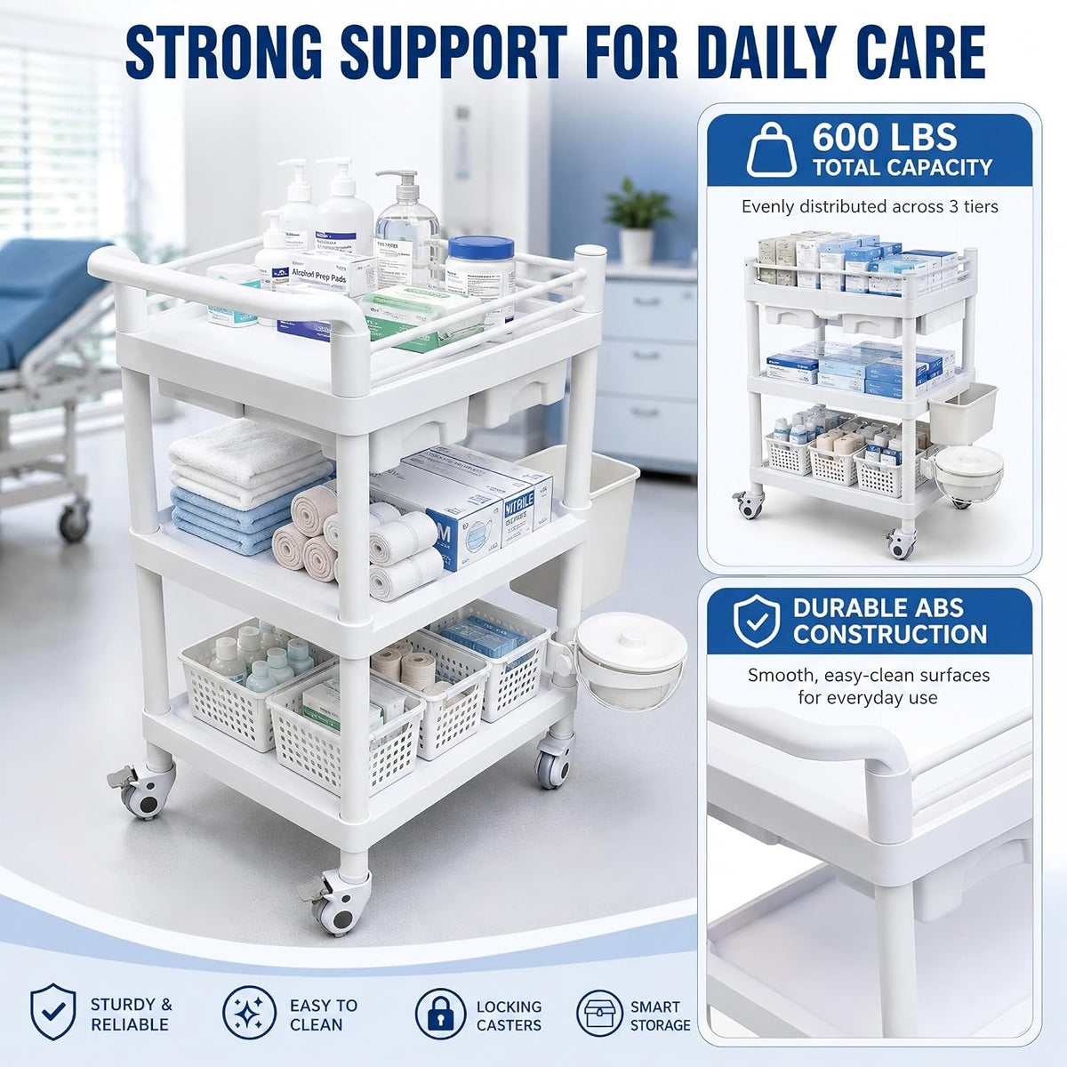Postpartum Cart, 3 Tier Rolling Medical Utility Cart with Drawers, 360° Locking Wheels, Storage Baskets, Waste Bin and Side Organizer for Nursery, Clinic and Home Care