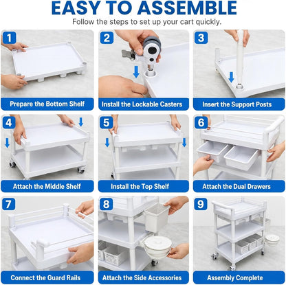 Postpartum Cart, 3 Tier Rolling Medical Utility Cart with Drawers, 360° Locking Wheels, Storage Baskets, Waste Bin and Side Organizer for Nursery, Clinic and Home Care