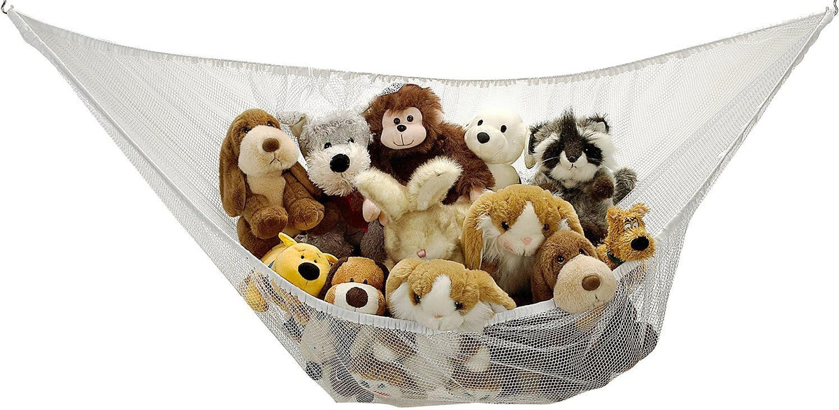 Stuffed Animal Organizer Hammock – Mesh Toy Storage Net for Kids’ Room, Nursery, or Playroom – Holds 30+ Plushies, Expands to 5.5 Feet, Easy Wall Mount, White
