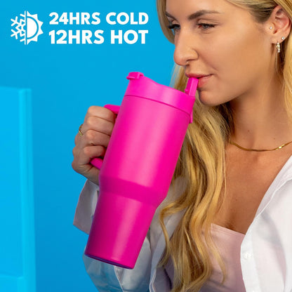 100% Leak Proof 32oz Tumbler with Handle & Straw Travel Mug | Stainless Steel Double Wall Insulated Tumbler for Hot and Cold Beverages with Sip & Straw Lid - Colors A