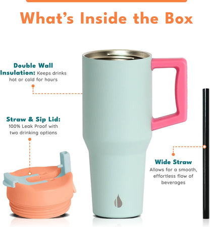 100% Leak Proof 32oz Tumbler with Handle & Straw Travel Mug | Stainless Steel Double Wall Insulated Tumbler for Hot and Cold Beverages with Sip & Straw Lid - Colors A