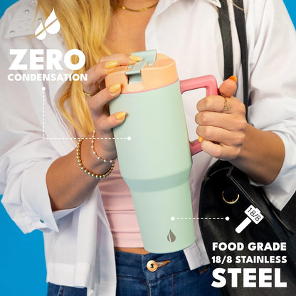 100% Leak Proof 32oz Tumbler with Handle & Straw Travel Mug | Stainless Steel Double Wall Insulated Tumbler for Hot and Cold Beverages with Sip & Straw Lid - Colors A