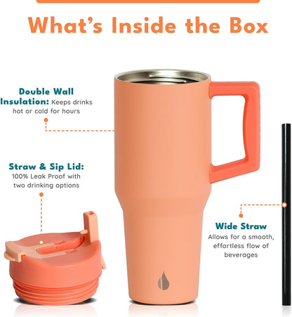 100% Leak Proof 32oz Tumbler with Handle & Straw Travel Mug | Stainless Steel Double Wall Insulated Tumbler for Hot and Cold Beverages with Sip & Straw Lid - Colors A