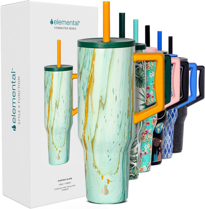 100% Leak Proof 32oz Tumbler with Handle & Straw Travel Mug | Stainless Steel Double Wall Insulated Tumbler for Hot and Cold Beverages with Sip & Straw Lid - Colors A