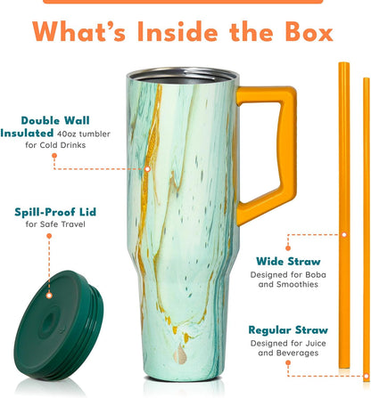 100% Leak Proof 32oz Tumbler with Handle & Straw Travel Mug | Stainless Steel Double Wall Insulated Tumbler for Hot and Cold Beverages with Sip & Straw Lid - Colors A