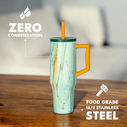 100% Leak Proof 32oz Tumbler with Handle & Straw Travel Mug | Stainless Steel Double Wall Insulated Tumbler for Hot and Cold Beverages with Sip & Straw Lid - Colors A