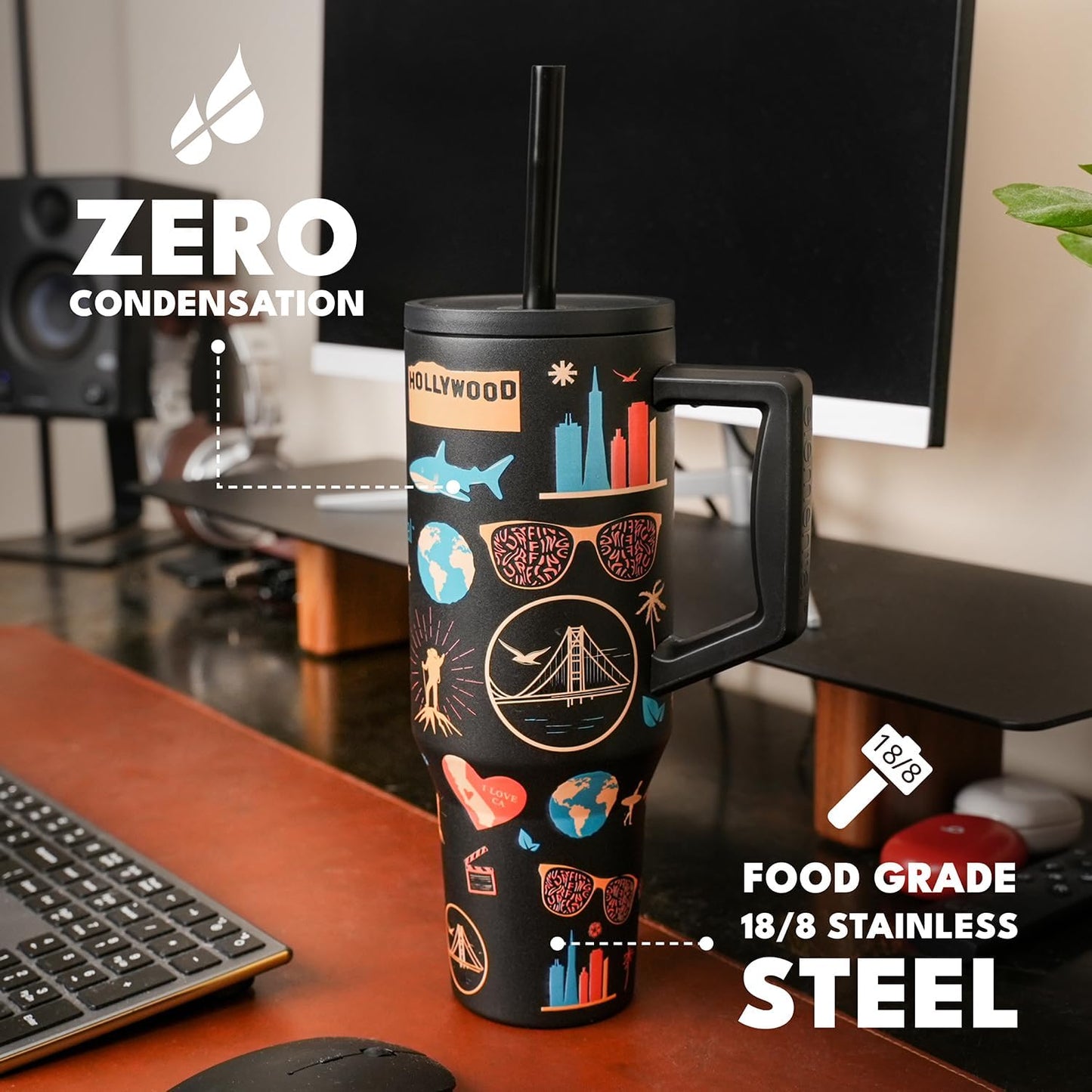 100% Leak Proof 32oz Tumbler with Handle & Straw Travel Mug | Stainless Steel Double Wall Insulated Tumbler for Hot and Cold Beverages with Sip & Straw Lid - Colors A
