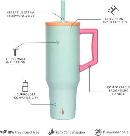 100% Leak Proof 32oz Tumbler with Handle & Straw Travel Mug | Stainless Steel Double Wall Insulated Tumbler for Hot and Cold Beverages with Sip & Straw Lid - Colors A
