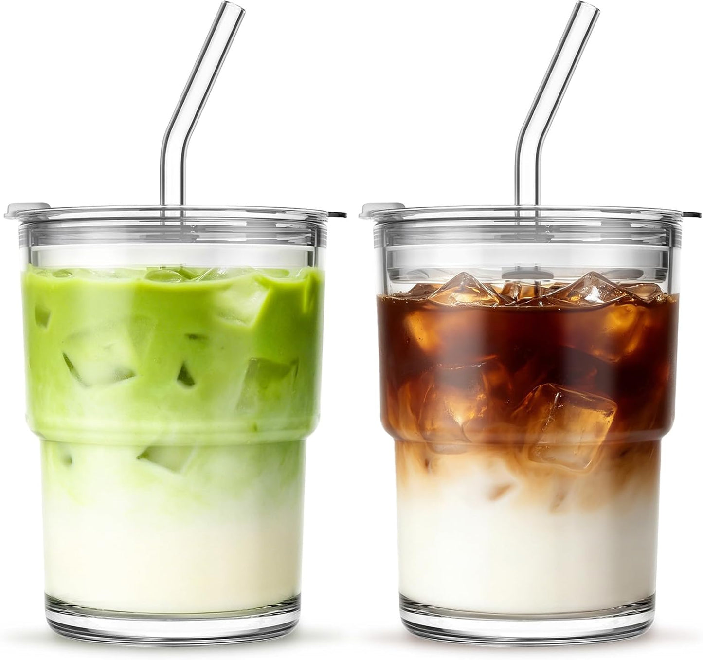 20 oz Clear Glass Cup with Lid and Glass Straw, Set of 2 Thickened Glass Coffee Tumblers, Drinking Glasses with Straw for Smoothie, Tea, Milk, Whiskey, Water and More – Elegant & Durable