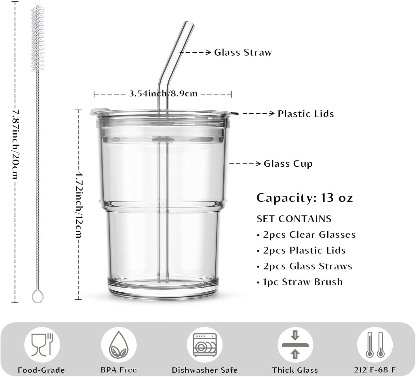 20 oz Clear Glass Cup with Lid and Glass Straw, Set of 2 Thickened Glass Coffee Tumblers, Drinking Glasses with Straw for Smoothie, Tea, Milk, Whiskey, Water and More – Elegant & Durable