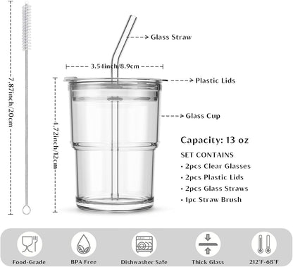 20 oz Clear Glass Cup with Lid and Glass Straw, Set of 2 Thickened Glass Coffee Tumblers, Drinking Glasses with Straw for Smoothie, Tea, Milk, Whiskey, Water and More – Elegant & Durable