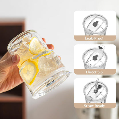 20 oz Clear Glass Cup with Lid and Glass Straw, Set of 2 Thickened Glass Coffee Tumblers, Drinking Glasses with Straw for Smoothie, Tea, Milk, Whiskey, Water and More – Elegant & Durable