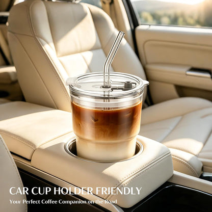 20 oz Clear Glass Cup with Lid and Glass Straw, Set of 2 Thickened Glass Coffee Tumblers, Drinking Glasses with Straw for Smoothie, Tea, Milk, Whiskey, Water and More – Elegant & Durable