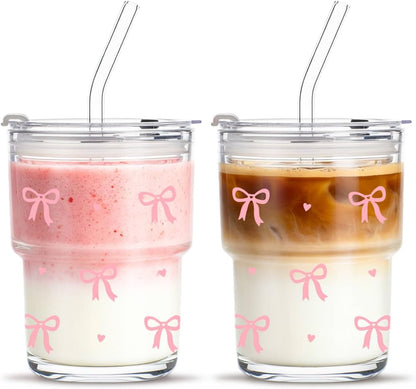 20 oz Clear Glass Cup with Lid and Glass Straw, Set of 2 Thickened Glass Coffee Tumblers, Drinking Glasses with Straw for Smoothie, Tea, Milk, Whiskey, Water and More – Elegant & Durable