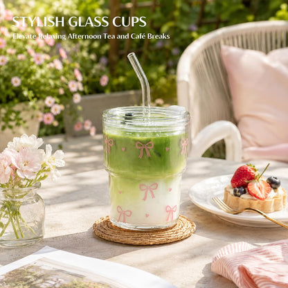 20 oz Clear Glass Cup with Lid and Glass Straw, Set of 2 Thickened Glass Coffee Tumblers, Drinking Glasses with Straw for Smoothie, Tea, Milk, Whiskey, Water and More – Elegant & Durable