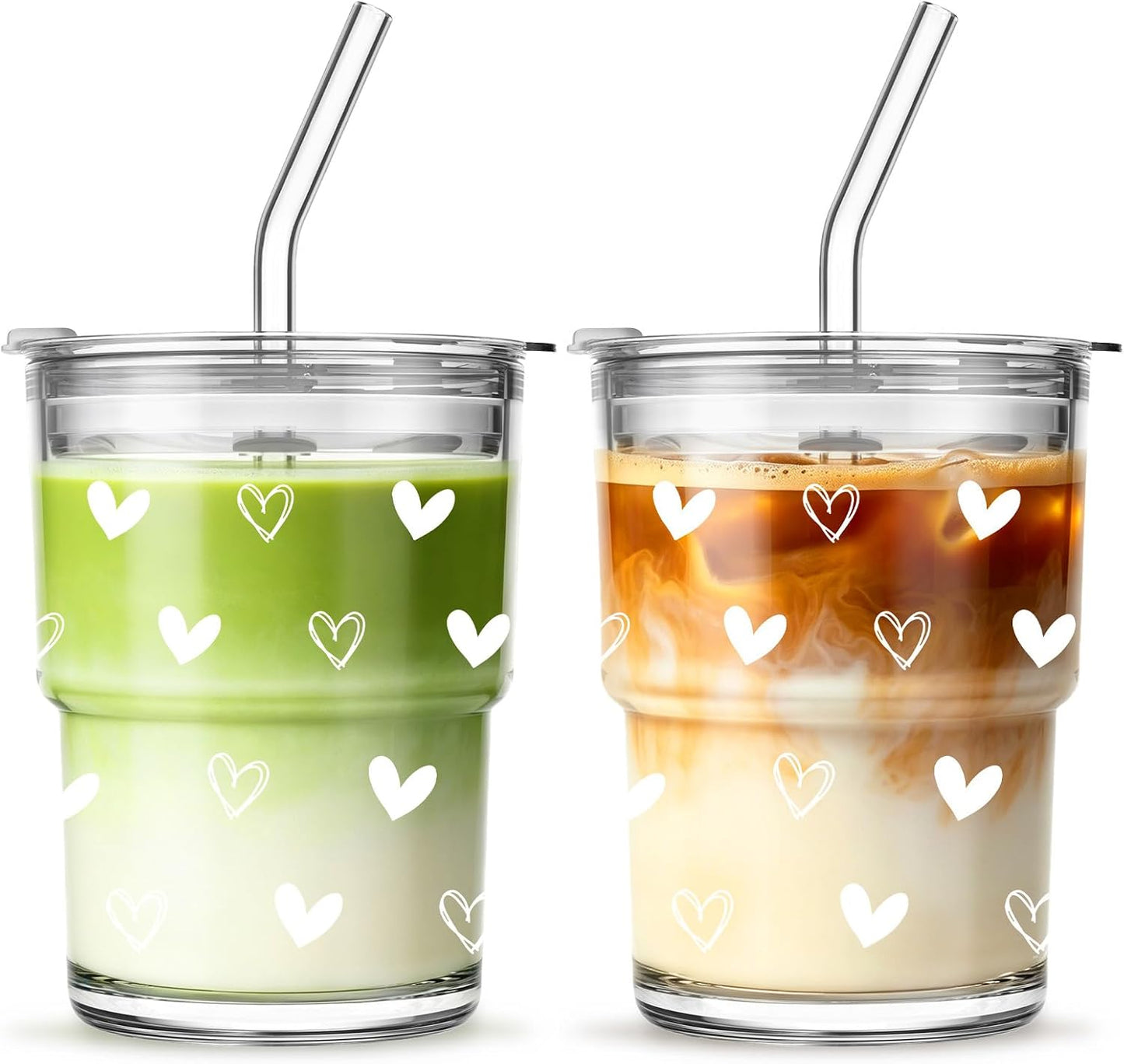 20 oz Clear Glass Cup with Lid and Glass Straw, Set of 2 Thickened Glass Coffee Tumblers, Drinking Glasses with Straw for Smoothie, Tea, Milk, Whiskey, Water and More – Elegant & Durable