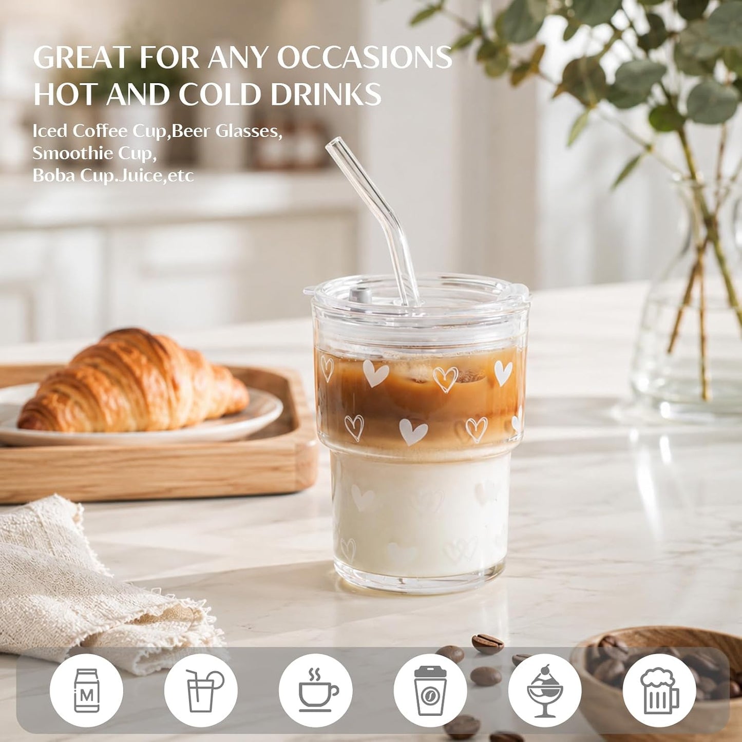 20 oz Clear Glass Cup with Lid and Glass Straw, Set of 2 Thickened Glass Coffee Tumblers, Drinking Glasses with Straw for Smoothie, Tea, Milk, Whiskey, Water and More – Elegant & Durable