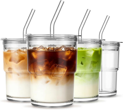 20 oz Clear Glass Cup with Lid and Glass Straw, Set of 2 Thickened Glass Coffee Tumblers, Drinking Glasses with Straw for Smoothie, Tea, Milk, Whiskey, Water and More – Elegant & Durable