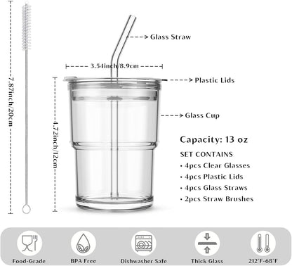 20 oz Clear Glass Cup with Lid and Glass Straw, Set of 2 Thickened Glass Coffee Tumblers, Drinking Glasses with Straw for Smoothie, Tea, Milk, Whiskey, Water and More – Elegant & Durable