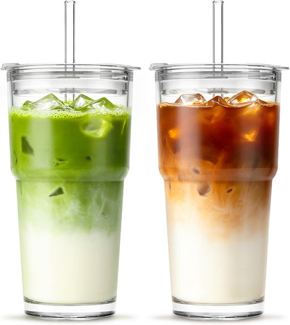 20 oz Clear Glass Cup with Lid and Glass Straw, Set of 2 Thickened Glass Coffee Tumblers, Drinking Glasses with Straw for Smoothie, Tea, Milk, Whiskey, Water and More – Elegant & Durable