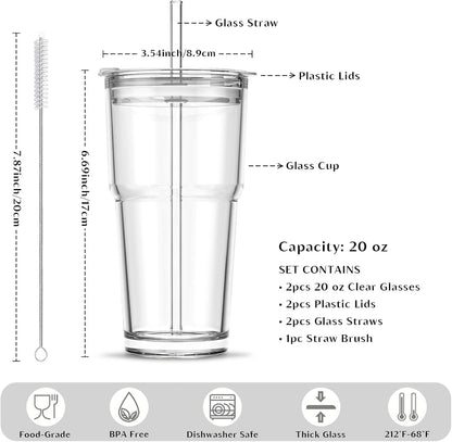 20 oz Clear Glass Cup with Lid and Glass Straw, Set of 2 Thickened Glass Coffee Tumblers, Drinking Glasses with Straw for Smoothie, Tea, Milk, Whiskey, Water and More – Elegant & Durable