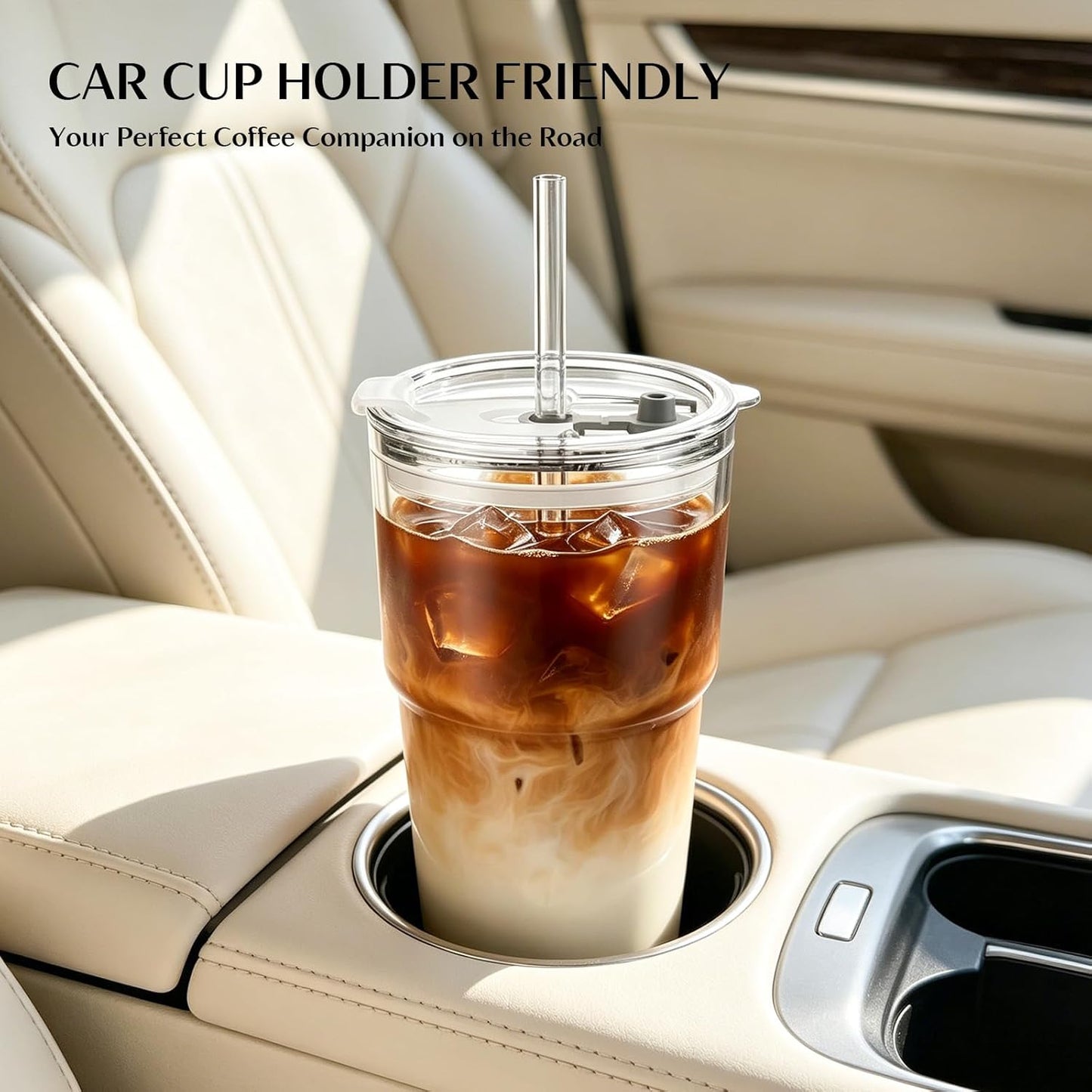 20 oz Clear Glass Cup with Lid and Glass Straw, Set of 2 Thickened Glass Coffee Tumblers, Drinking Glasses with Straw for Smoothie, Tea, Milk, Whiskey, Water and More – Elegant & Durable