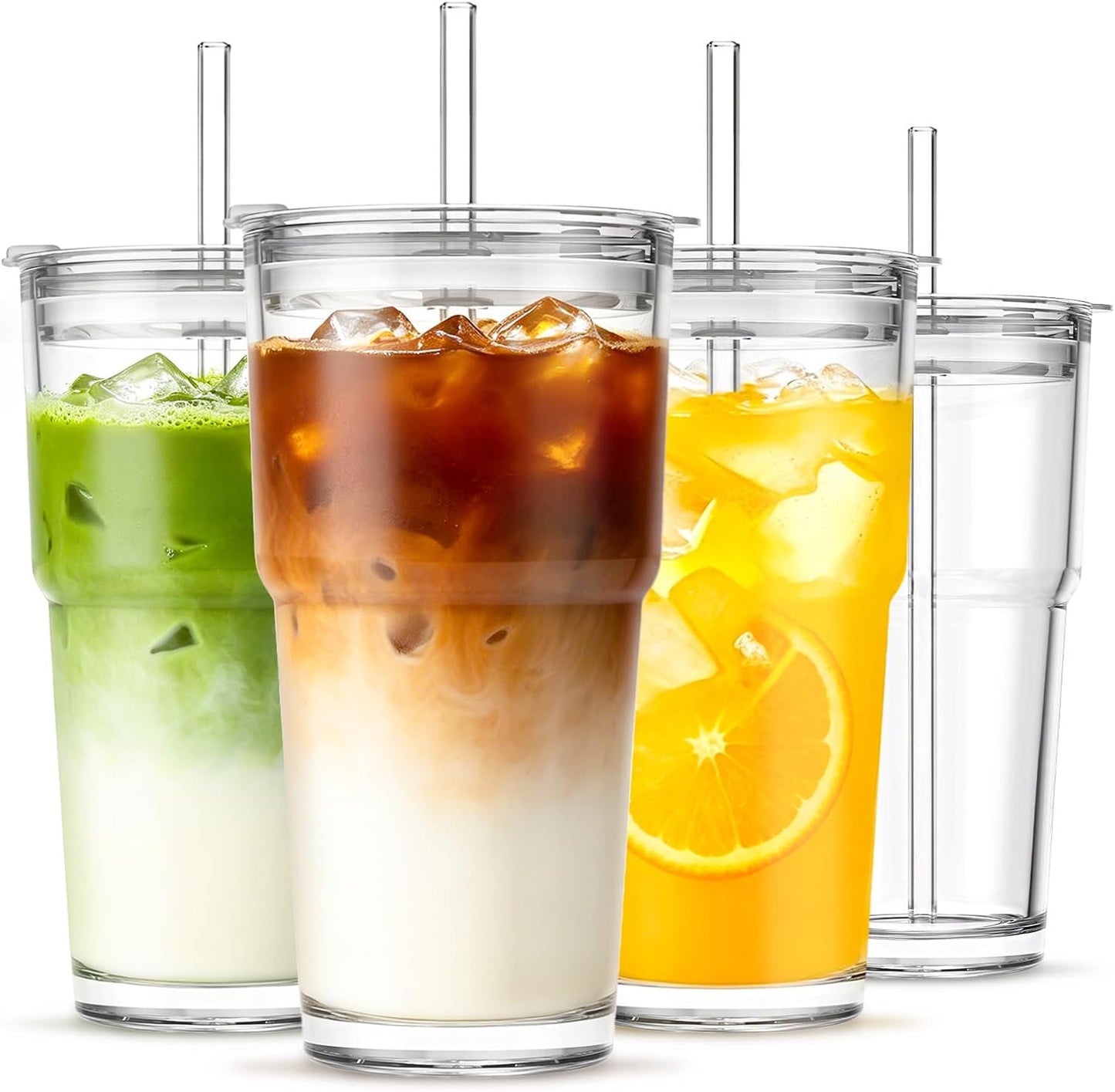 20 oz Clear Glass Cup with Lid and Glass Straw, Set of 2 Thickened Glass Coffee Tumblers, Drinking Glasses with Straw for Smoothie, Tea, Milk, Whiskey, Water and More – Elegant & Durable