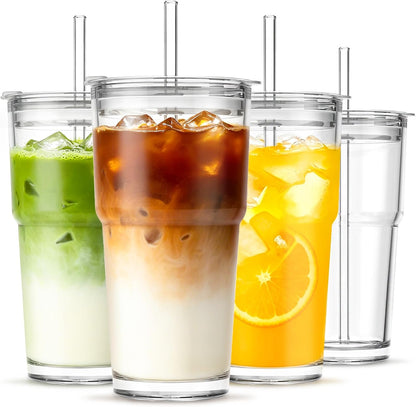 20 oz Clear Glass Cup with Lid and Glass Straw, Set of 2 Thickened Glass Coffee Tumblers, Drinking Glasses with Straw for Smoothie, Tea, Milk, Whiskey, Water and More – Elegant & Durable