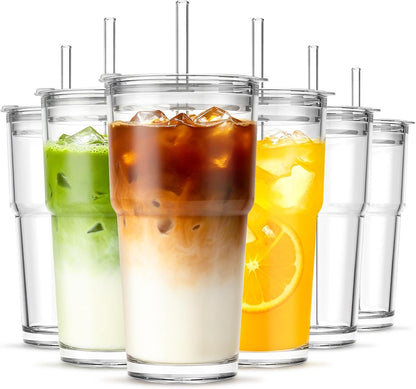 20 oz Clear Glass Cup with Lid and Glass Straw, Set of 2 Thickened Glass Coffee Tumblers, Drinking Glasses with Straw for Smoothie, Tea, Milk, Whiskey, Water and More – Elegant & Durable