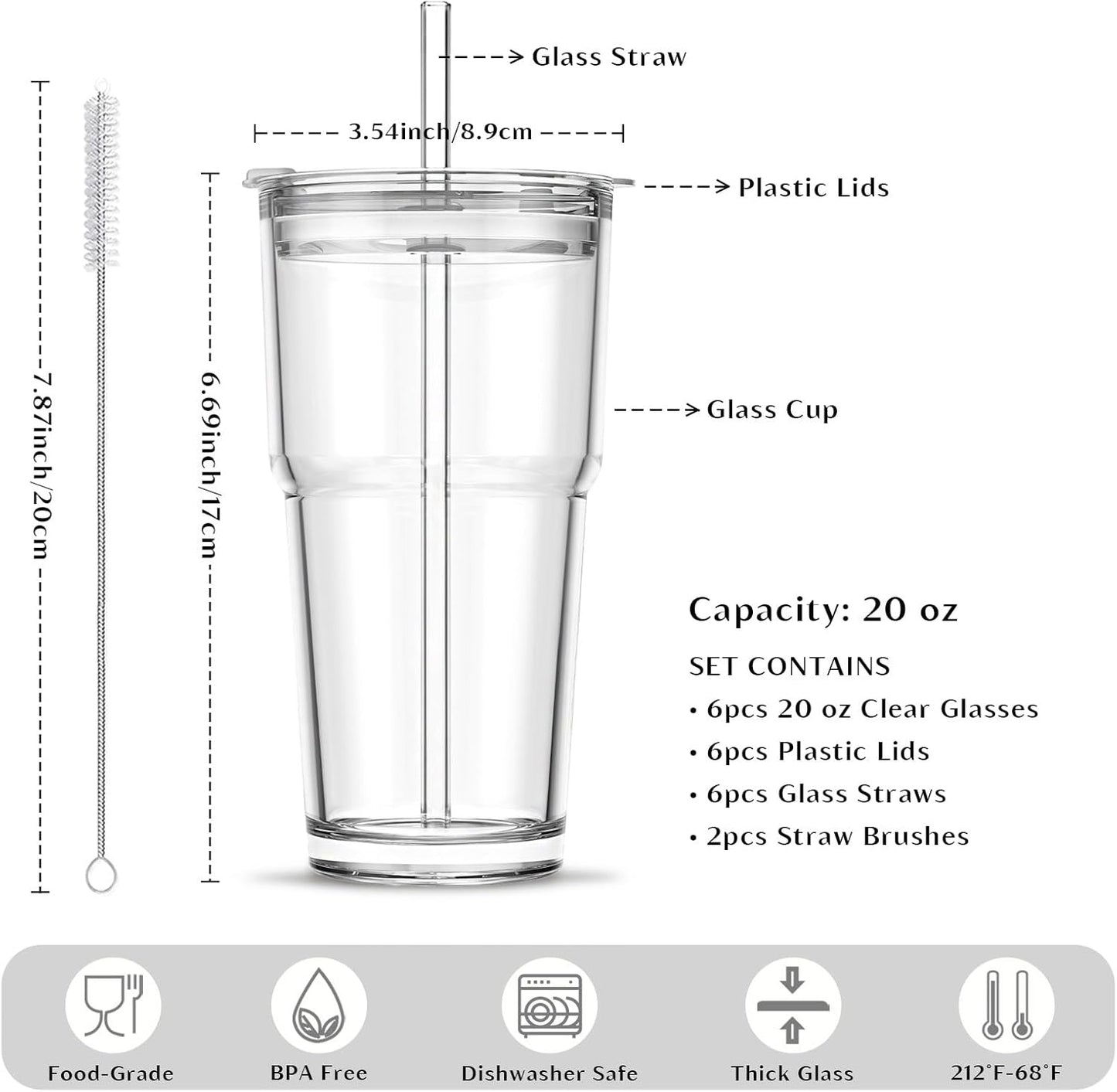 20 oz Clear Glass Cup with Lid and Glass Straw, Set of 2 Thickened Glass Coffee Tumblers, Drinking Glasses with Straw for Smoothie, Tea, Milk, Whiskey, Water and More – Elegant & Durable
