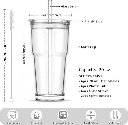 20 oz Clear Glass Cup with Lid and Glass Straw, Set of 2 Thickened Glass Coffee Tumblers, Drinking Glasses with Straw for Smoothie, Tea, Milk, Whiskey, Water and More – Elegant & Durable