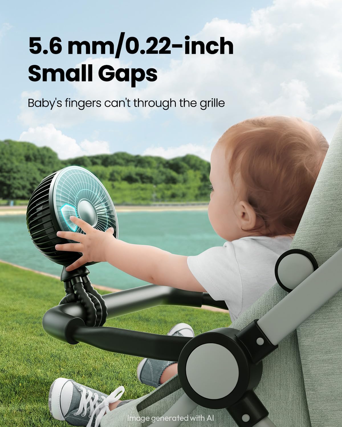 Oscillating Baby Stroller Fan with LED Lights, Rechargeable Black